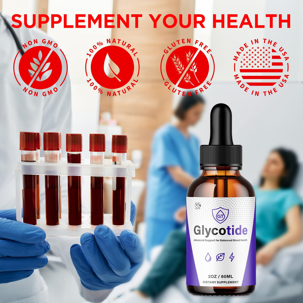 Gouttes Glycotide MJO sur une table avec un verre d'eau