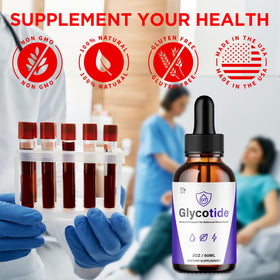 Gouttes Glycotide MJO sur une table avec un verre d'eau