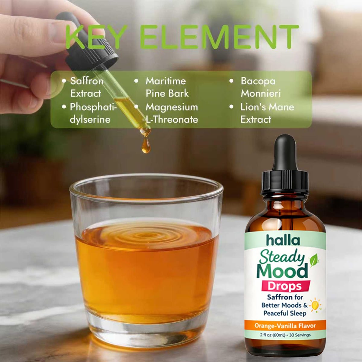 Gouttes Halla Steady Mood ReviveNerve sur une table en bois