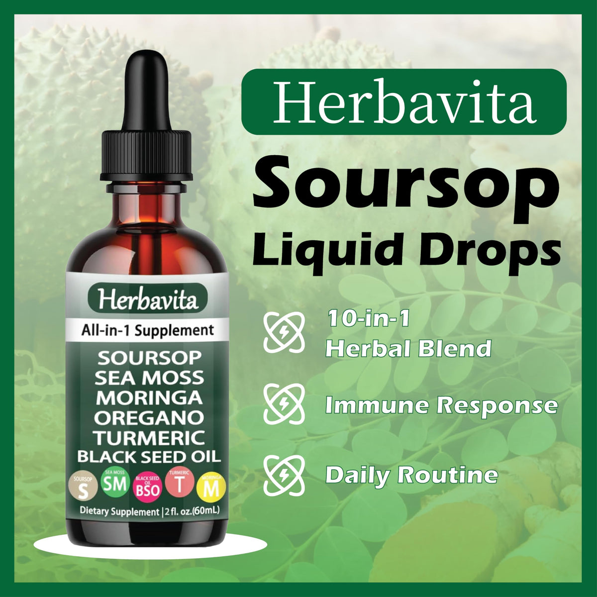 Gouttes Herbavita Soursop avec Mousse de Mer et Moringa, côté du flacon