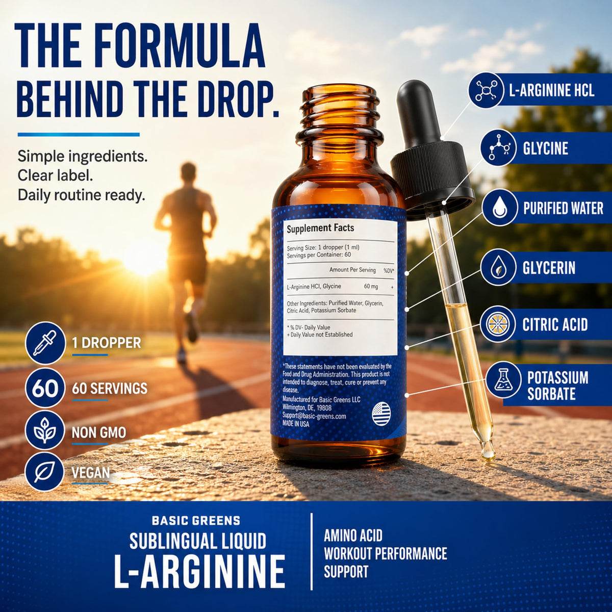 Gouttes L-Arginine BASIC GREENS avec compte-gouttes en usage