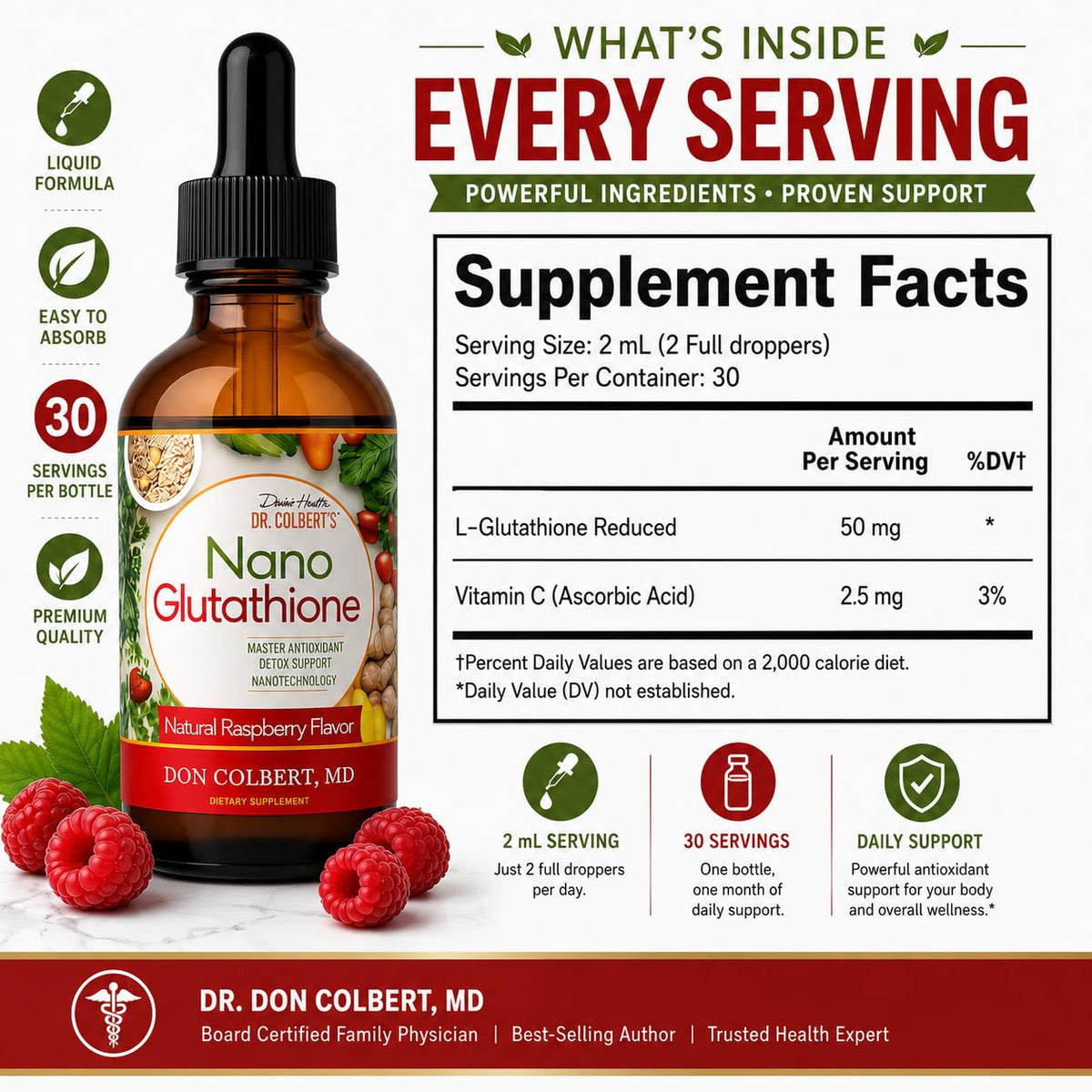 Gouttes L-Glutathione Divine Health avec framboises fraîches
