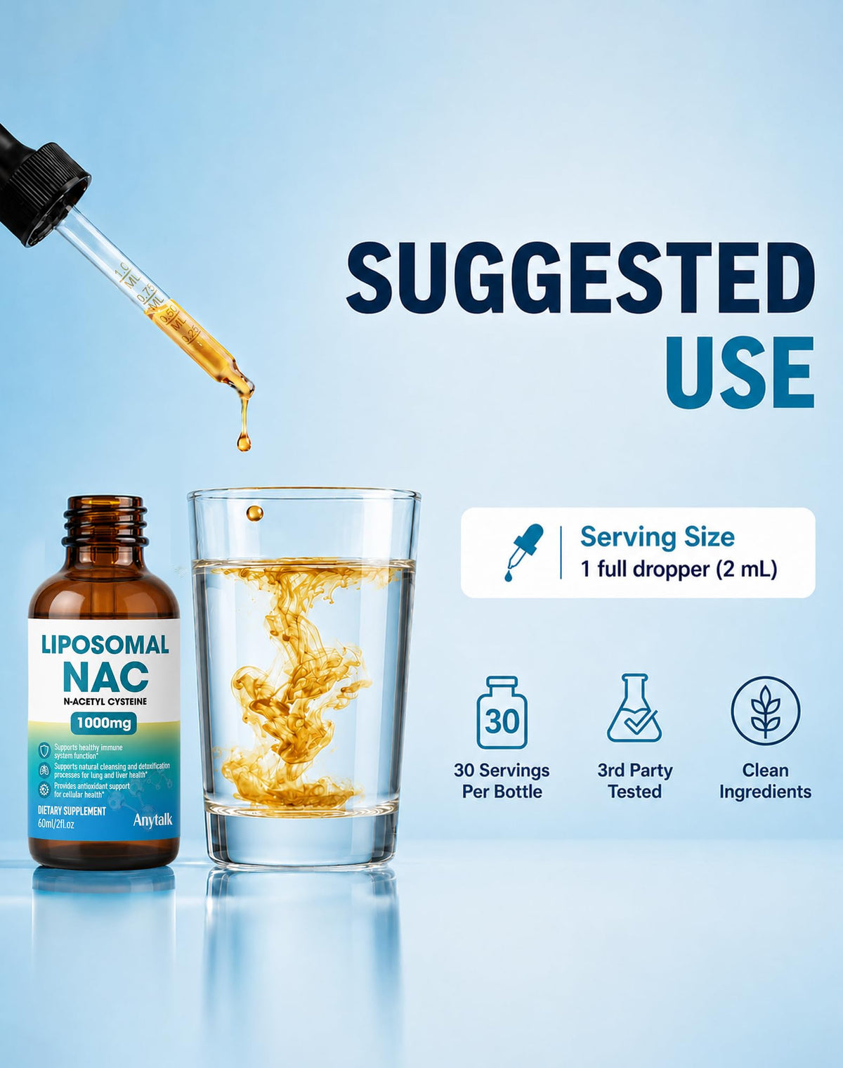 Gouttes Liposomales NAC d'ANYTALK sur une table