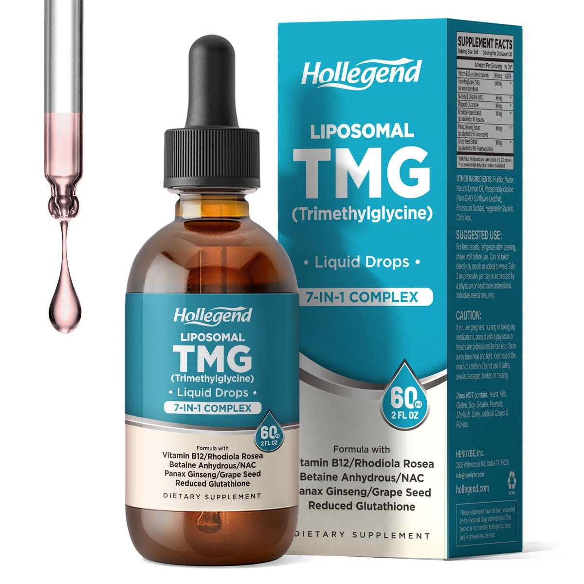 Gouttes liposomales TMG HOLLEGEND 1000mg avec étiquette et flacon
