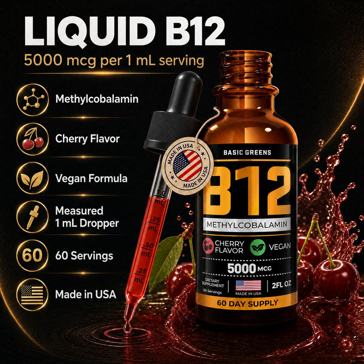Gouttes liquides BASIC GREENS B12 5000 mcg cerise dans un environnement de bureau