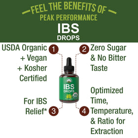 Gouttes liquides bio Peak Performance avec ingrédients bio sur fond blanc