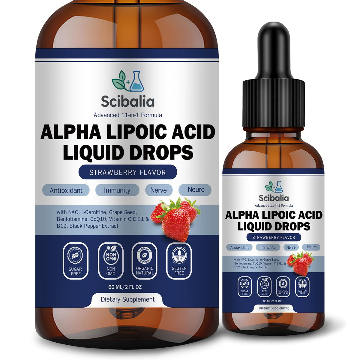 Gouttes liquides d'acide alpha-lipoïque Scibalia 1000mg vue de face