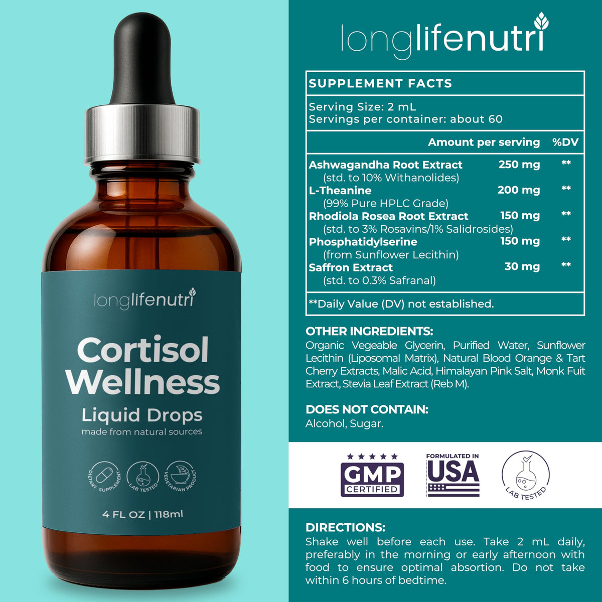Gouttes liquides de bien-être du cortisol LongLifeNutri sur une table