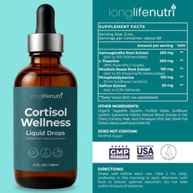 Gouttes liquides de bien-être du cortisol LongLifeNutri sur une table