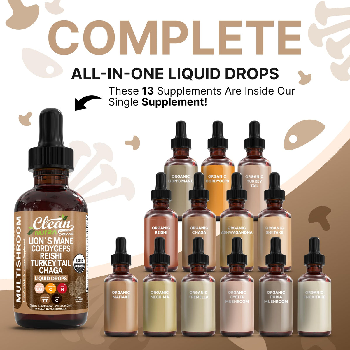 Gouttes liquides de champignons avec étiquette Clean Nutraceuticals