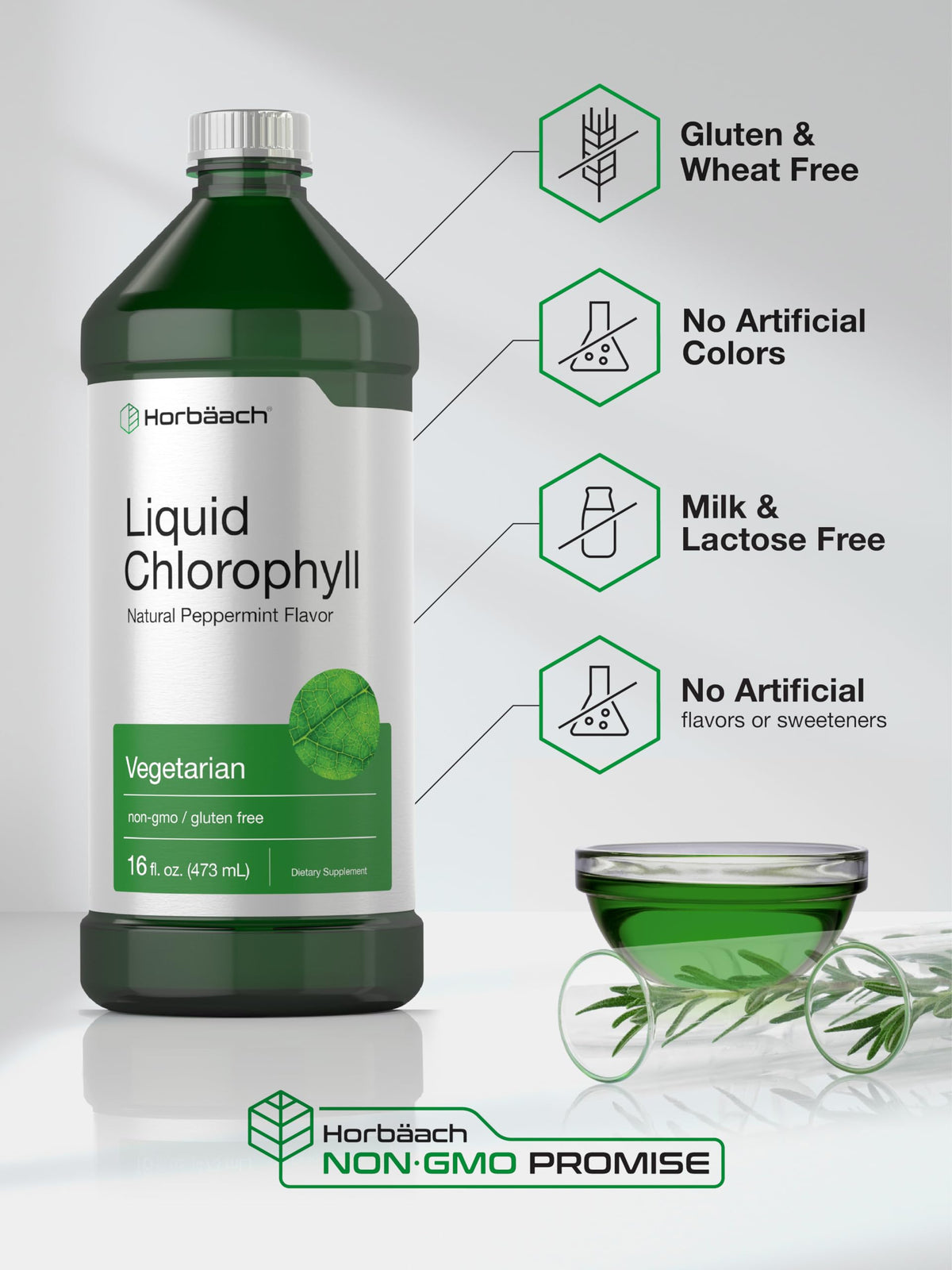 Gouttes Liquides de Chlorophylle Horbäach sur un fond blanc