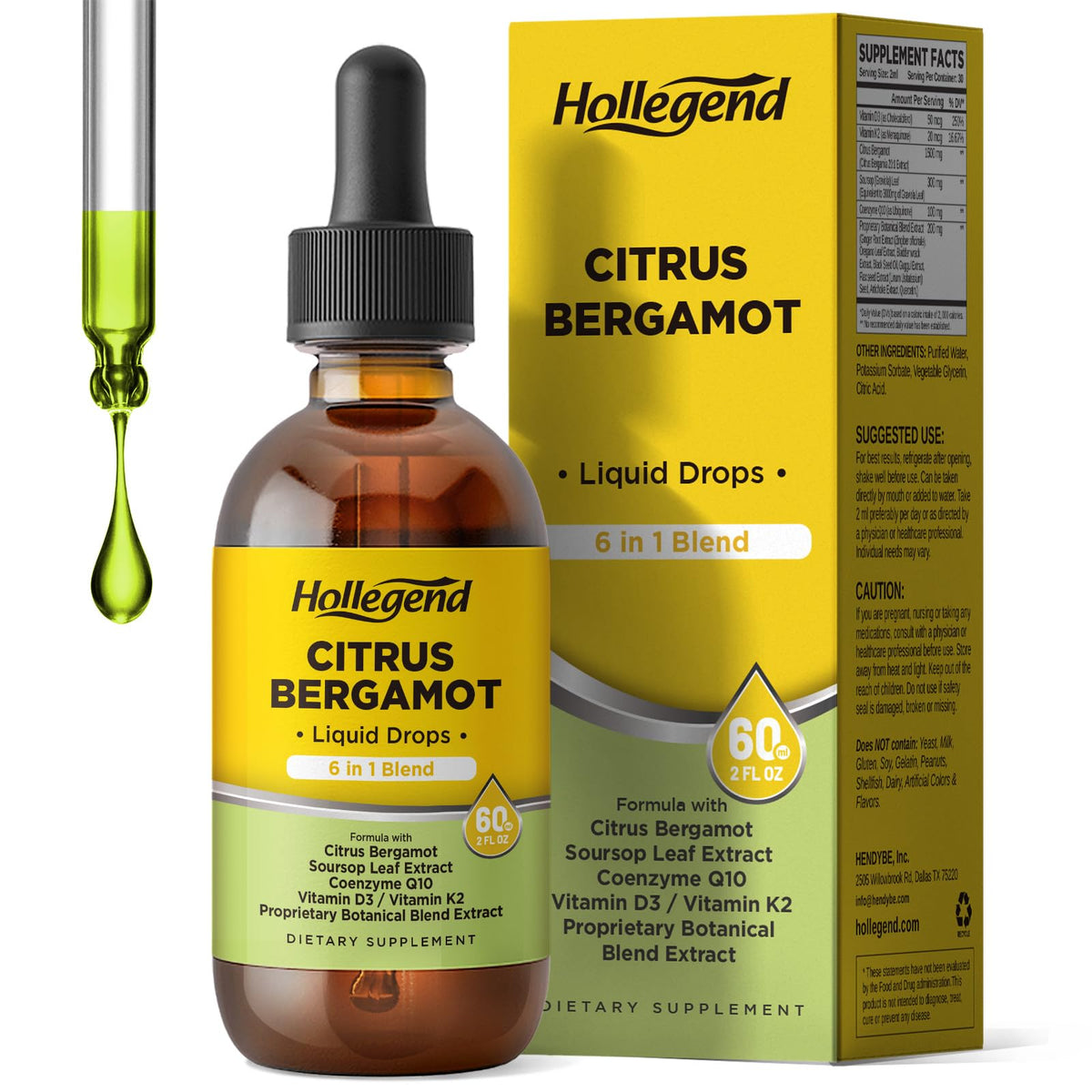 Gouttes liquides de Citrus Bergamot HOLLEGEND 1000mg, flacon avant
