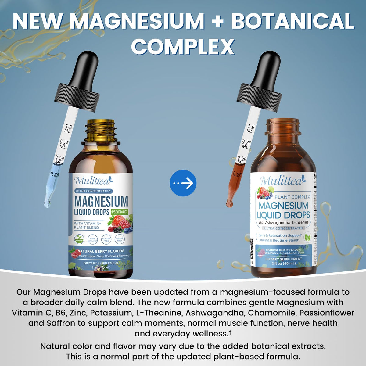 Gouttes liquides de glycinate de magnésium Mulittea, étiquette des ingrédients