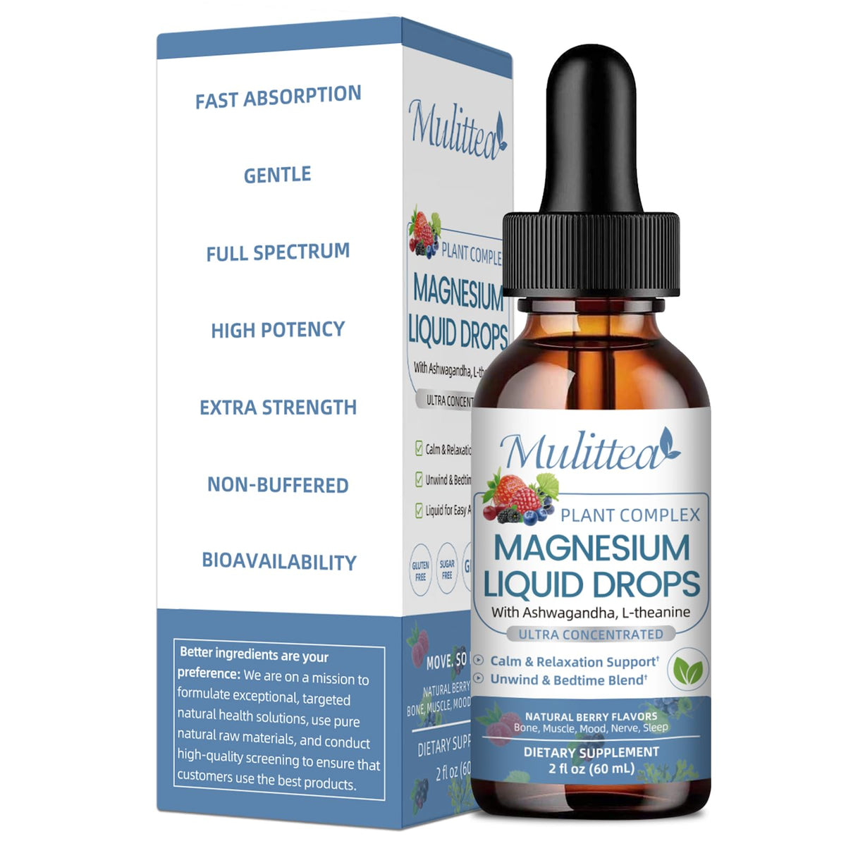 Gouttes liquides de glycinate de magnésium Mulittea, flacon avant