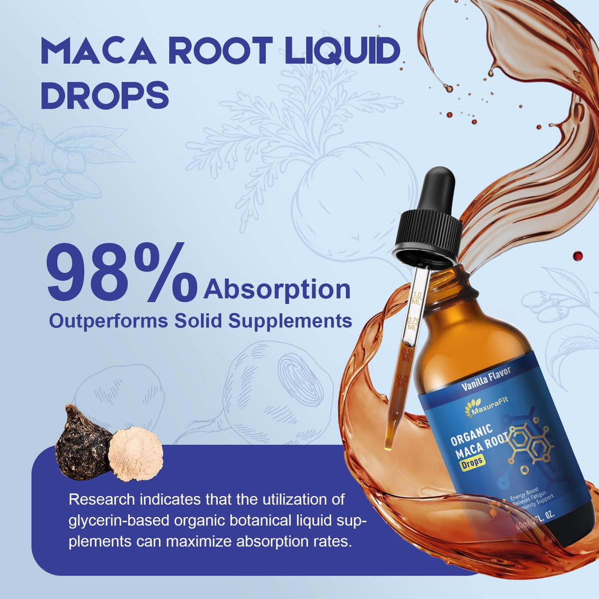 Gouttes liquides de Maca et Ashwagandha dans un verre