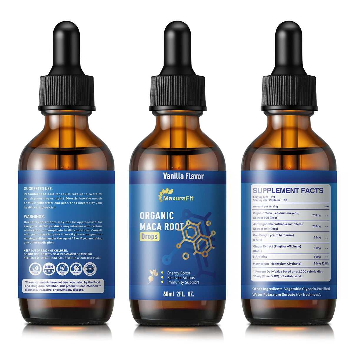 Gouttes liquides de Maca et Ashwagandha MaxuraFit avec ingrédients naturels