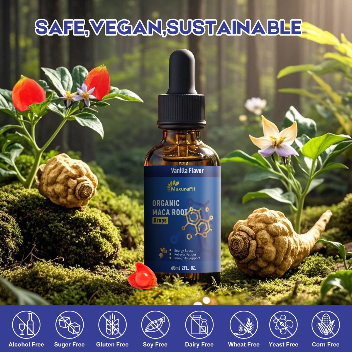 Gouttes liquides de Maca et Ashwagandha MaxuraFit sur un fond naturel