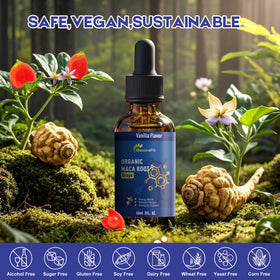 Gouttes liquides de Maca et Ashwagandha MaxuraFit sur un fond naturel