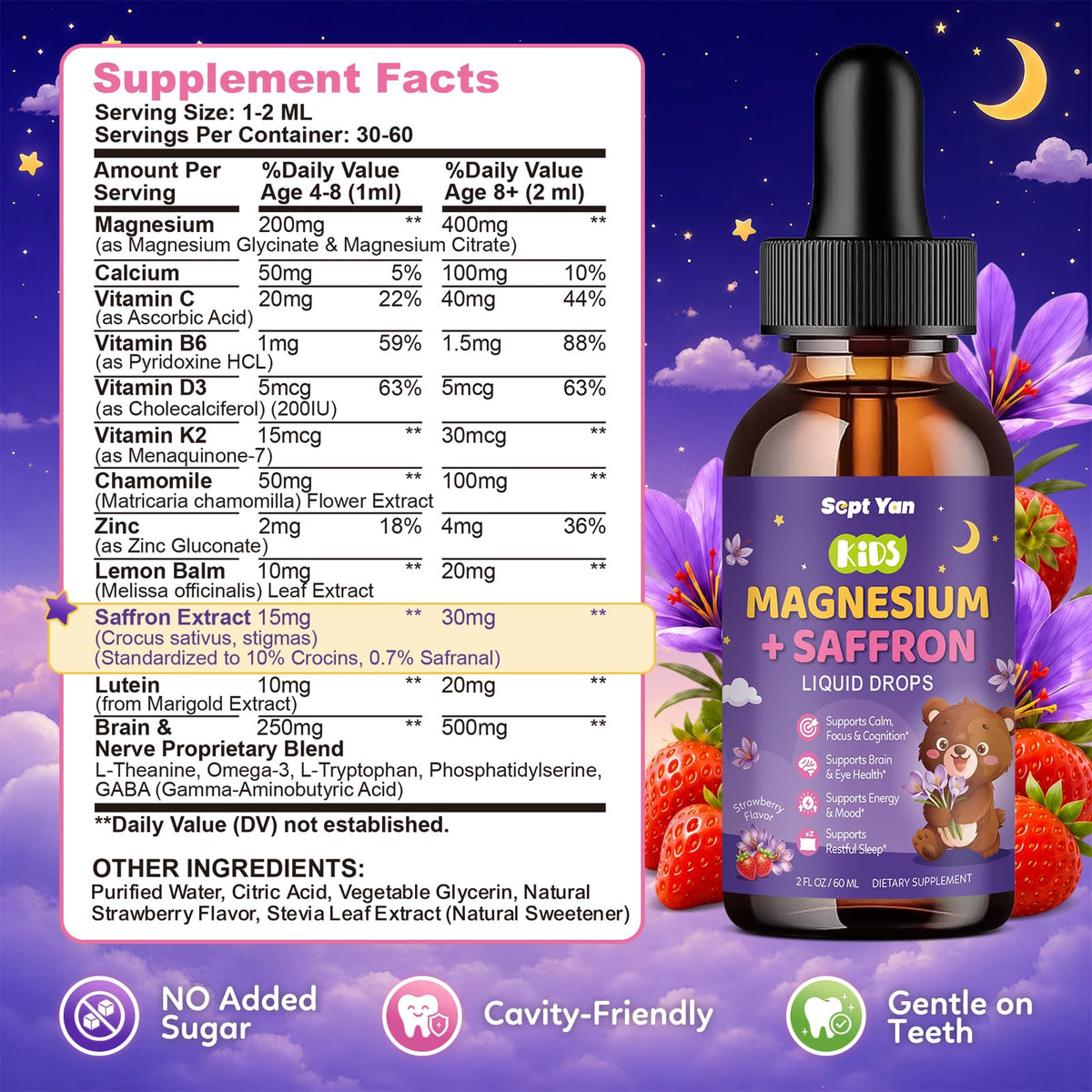 Gouttes liquides de magnésium glycinate avec safran, saveur fraise