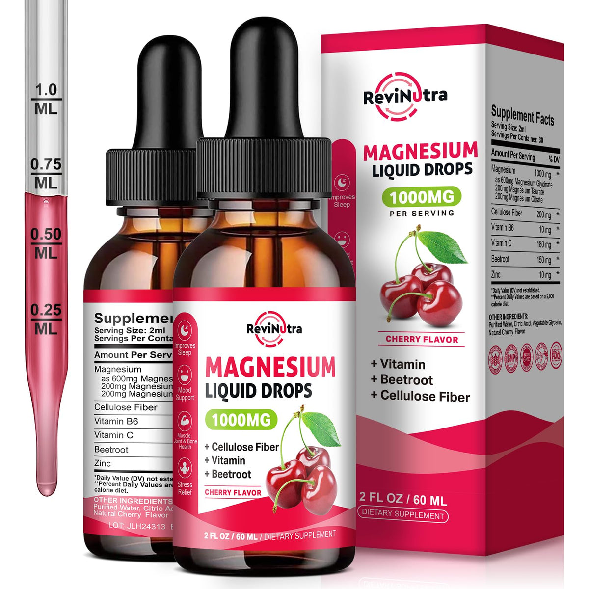 Gouttes liquides de magnésium ReviNutra 2 pack avec étiquette cerise