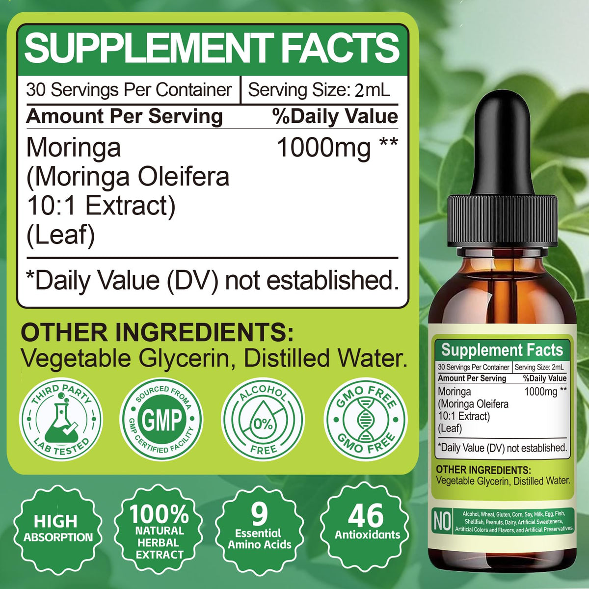 Gouttes liquides de moringa bio SANSICE avec un fond de fruits et légumes