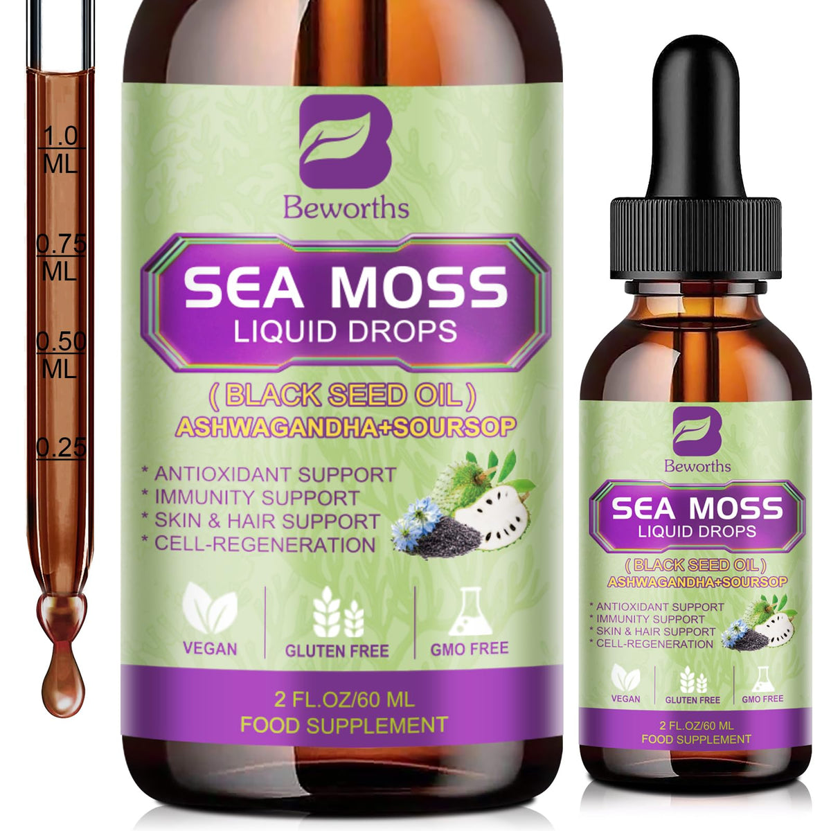 Gouttes liquides de mousse de mer B BEWORTHS avec huile de graines noires, vue de face