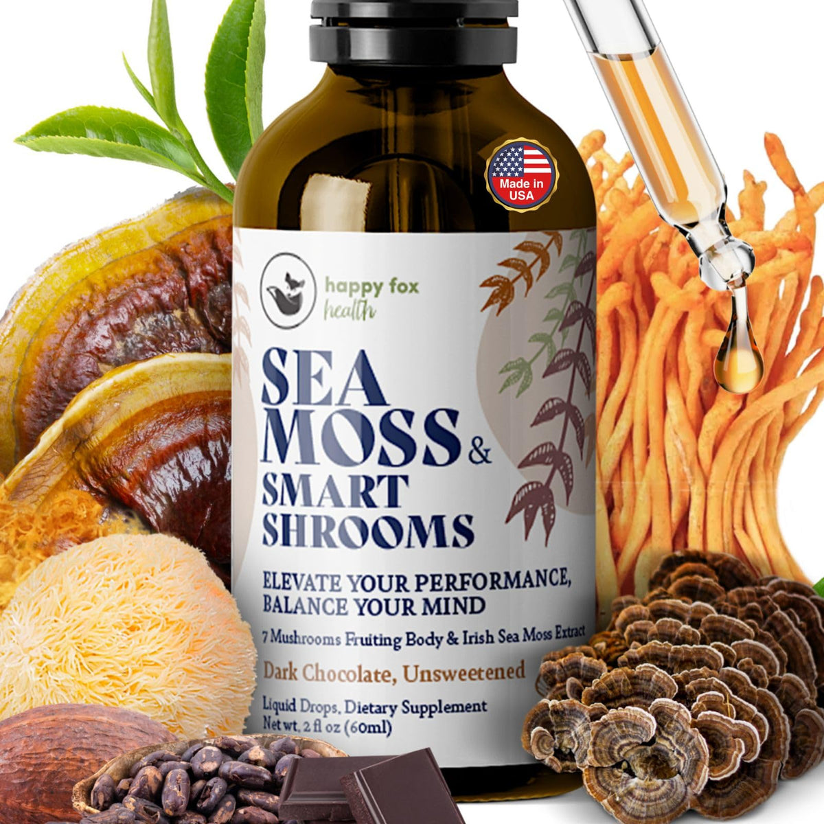 Gouttes liquides de mousse irlandaise HAPPY FOX avec champignons adaptogènes en vue de face