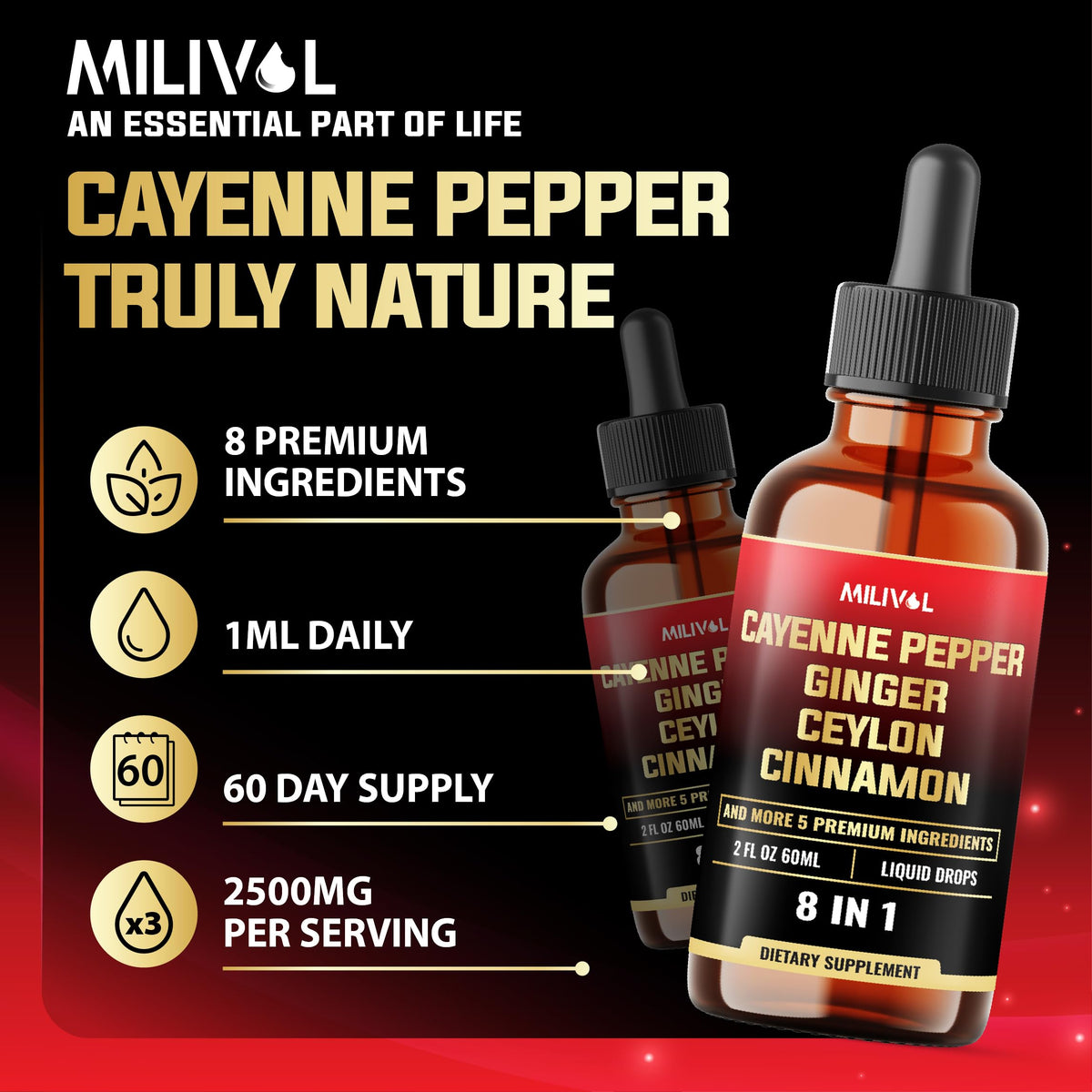 Gouttes liquides de piment de cayenne MILIVOL à côté d'autres herbes