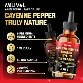 Gouttes liquides de piment de cayenne MILIVOL à côté d'autres herbes