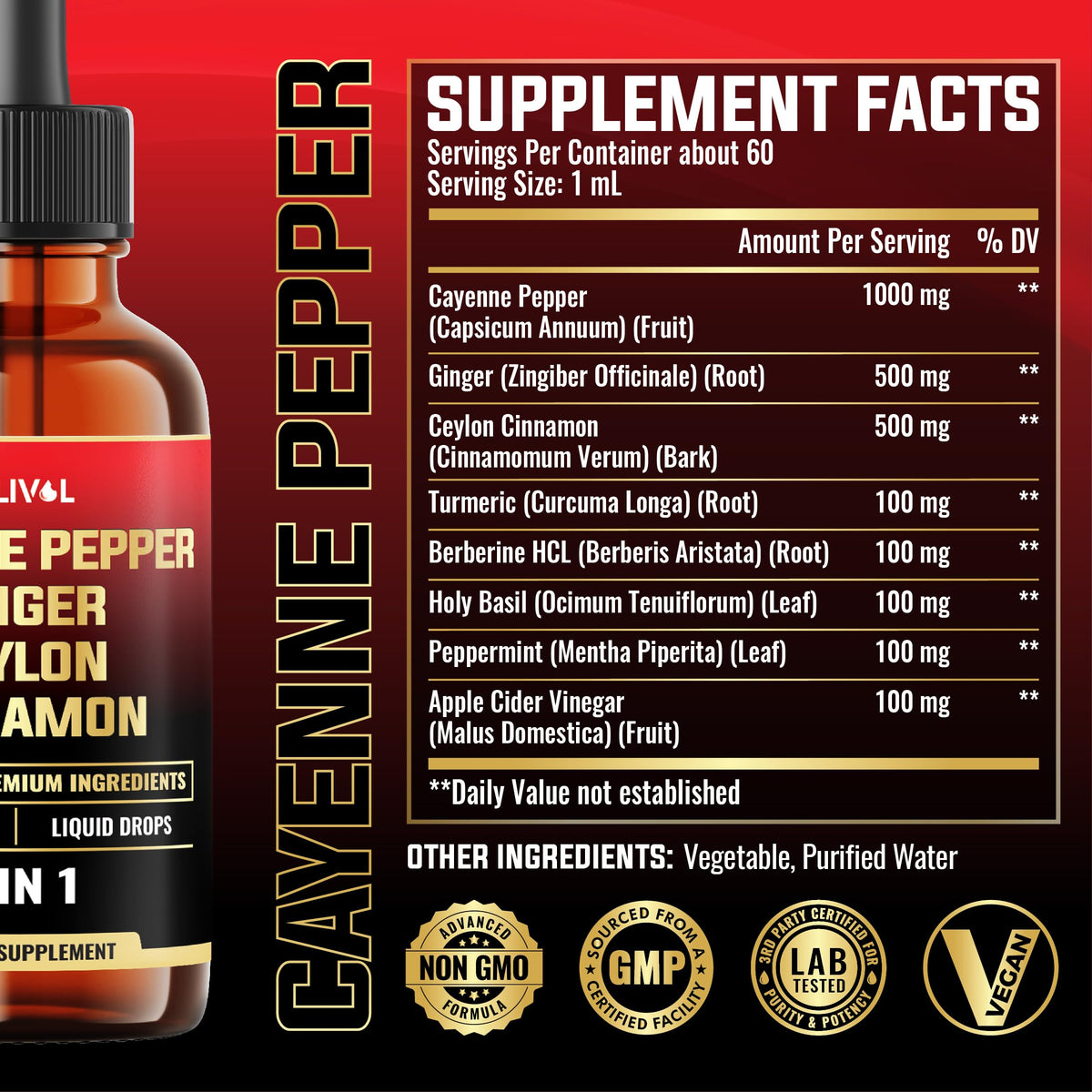 Gouttes liquides de piment de cayenne MILIVOL avec ingrédients visibles
