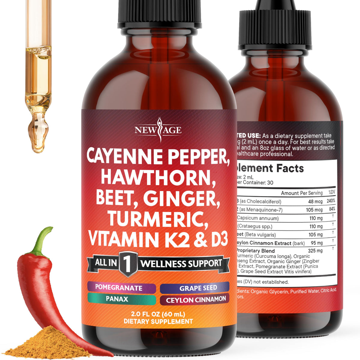 Gouttes liquides de piment de cayenne NEW AGE 60ml vue de face