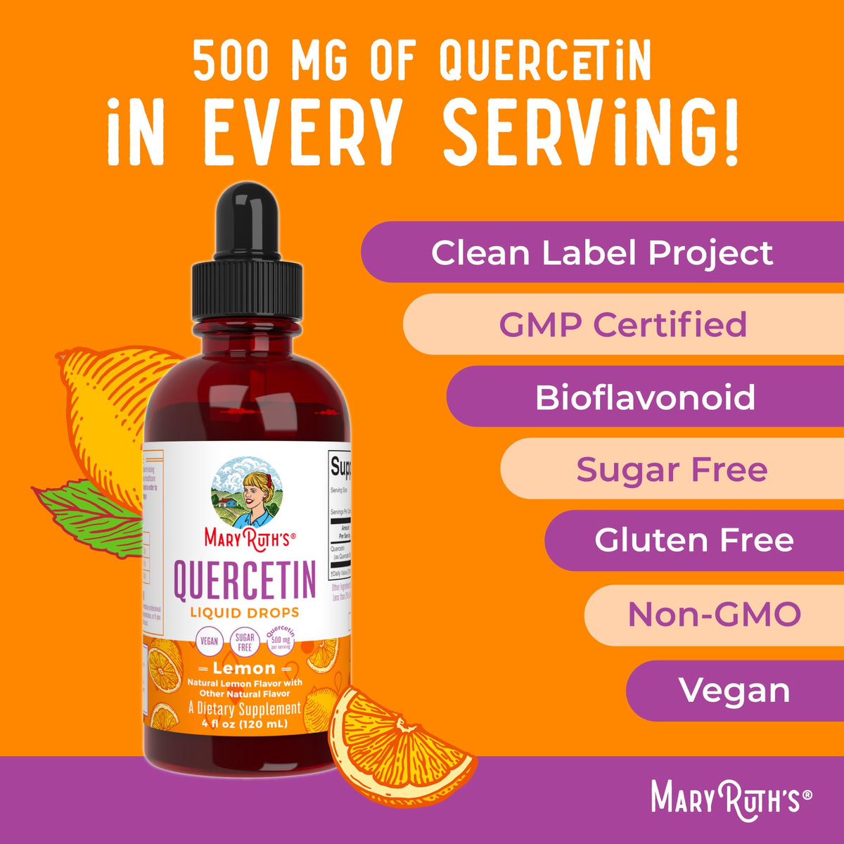 Gouttes liquides de Quercétine MARYRUTH'S sur table en bois