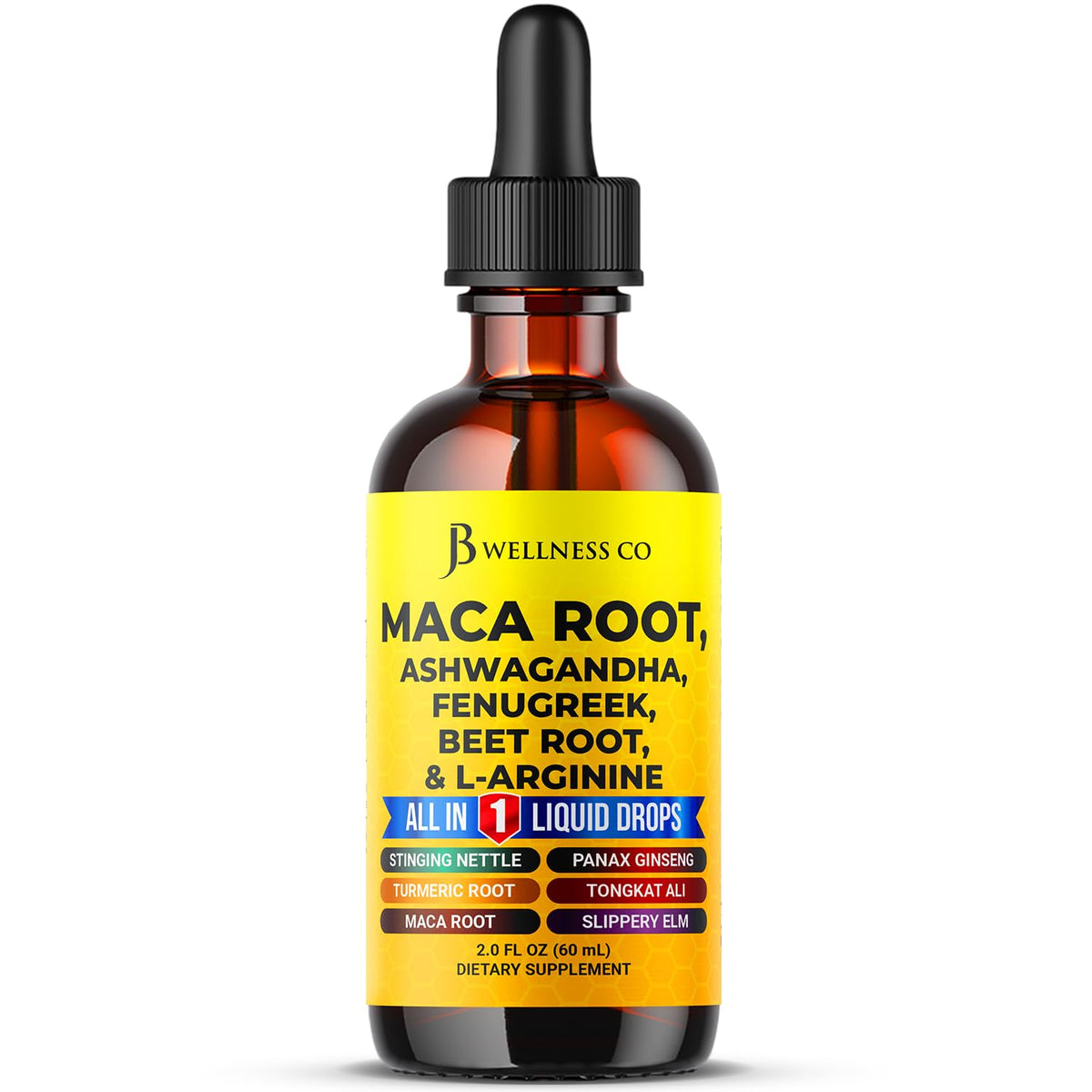 Gouttes liquides de racine de maca JB Wellness Co 60ml avec étiquette