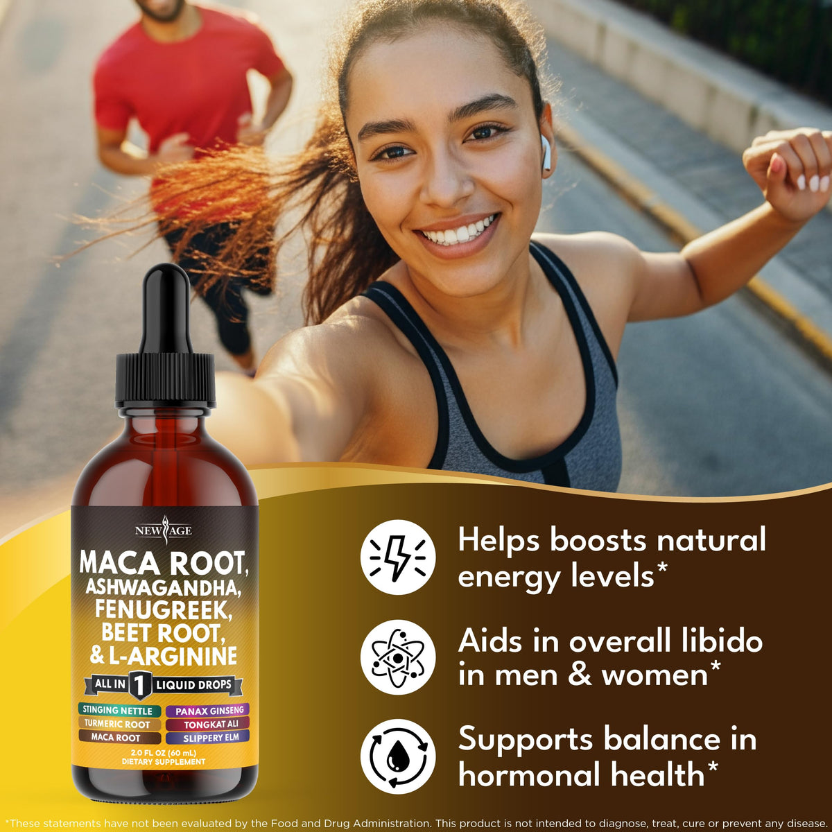 Gouttes liquides de racine de maca NEW AGE 240ml avec un verre d'eau