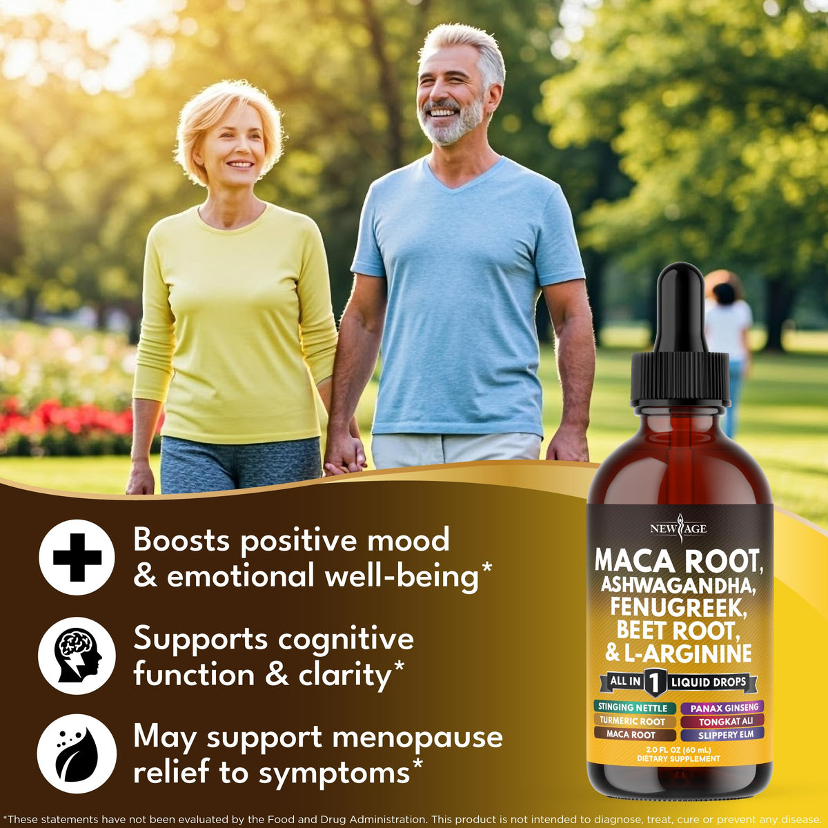 Gouttes liquides de racine de maca NEW AGE 240ml sur une table en bois