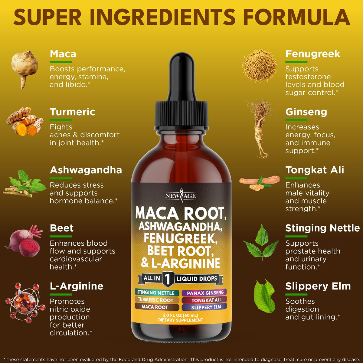 Gouttes liquides de racine de maca NEW AGE 240ml vue arrière avec ingrédients