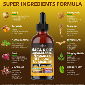 Gouttes liquides de racine de maca NEW AGE 240ml vue arrière avec ingrédients