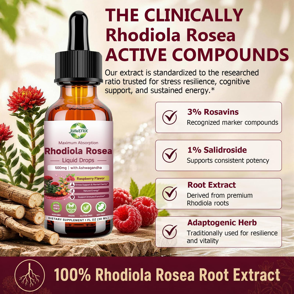 Gouttes liquides de Rhodiola Rosea avec pipette en gros plan