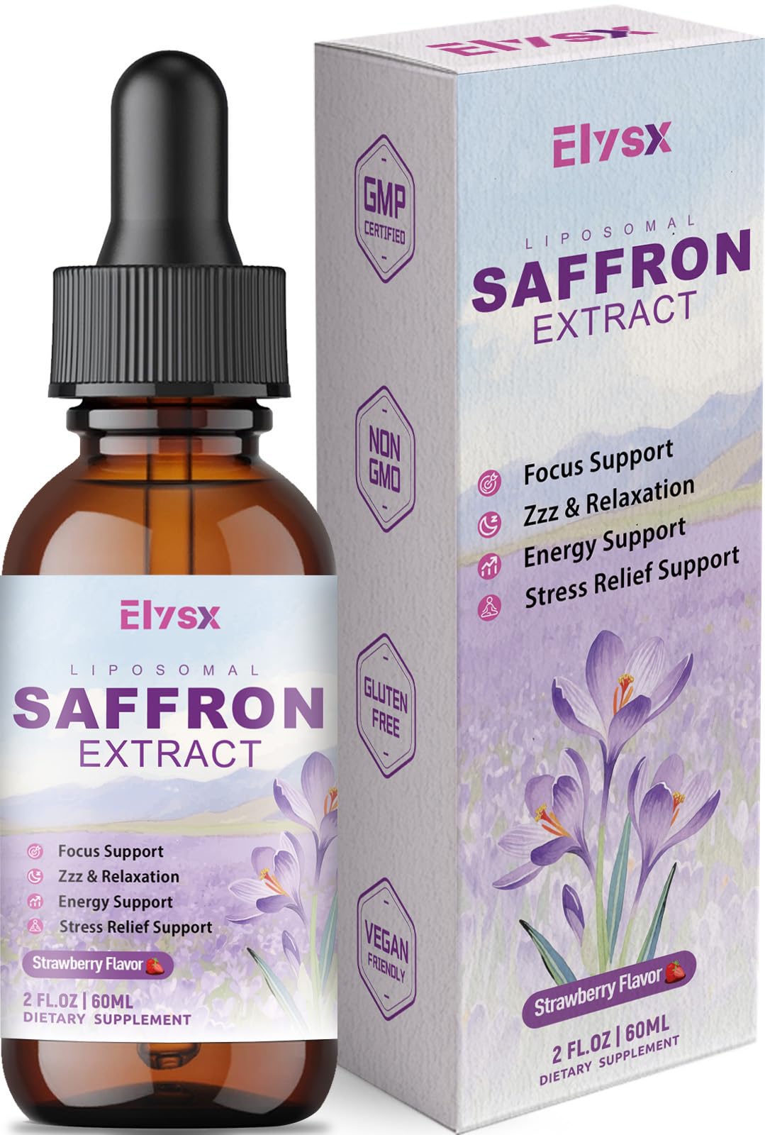 Gouttes liquides de safran Elysx 2 FL OZ vue avant avec étiquette