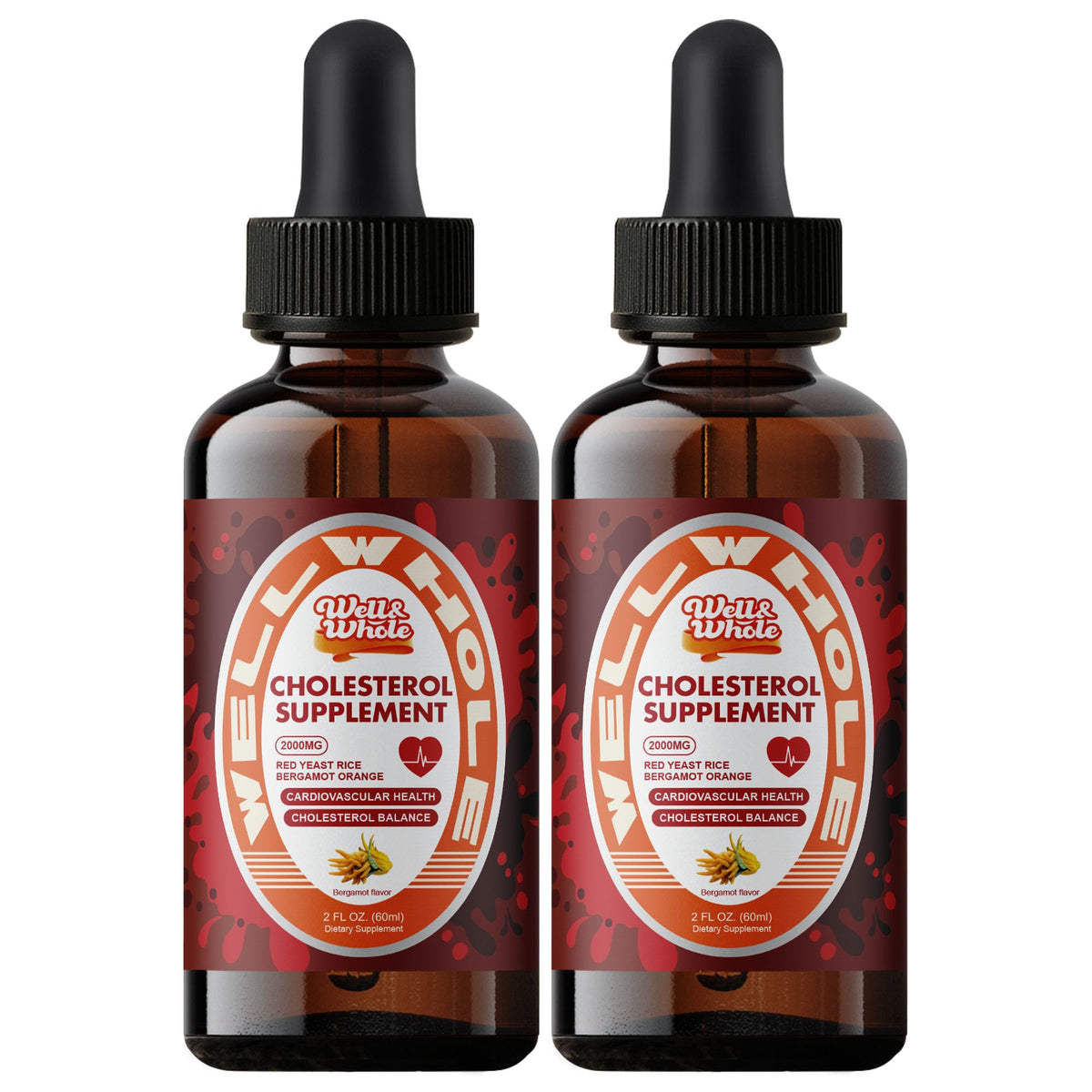 Gouttes Liquides de Soutien au Cholestérol Well&Whole 1500mg, flacon de face
