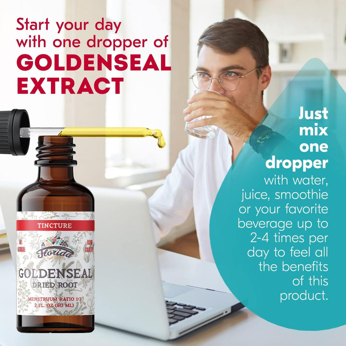 Gouttes liquides de teinture de Goldenseal sur une surface en bois