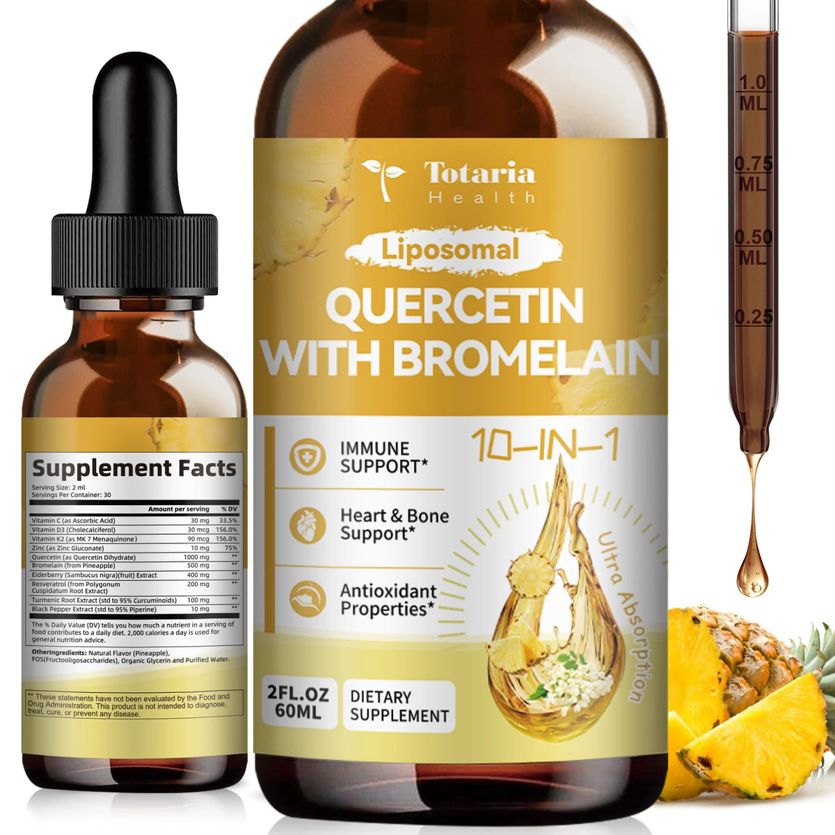Gouttes liquides de Totaria Quercétine Liposomale 1000mg avec Bromélaïne 500mg, flacon avant