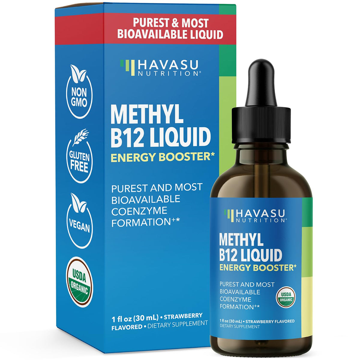 Gouttes liquides de vitamine B12 bio HAVASU NUTRITION devant un fond neutre