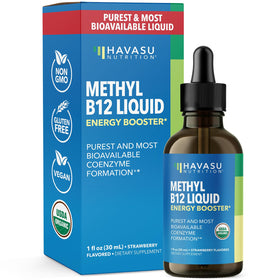 Gouttes liquides de vitamine B12 bio HAVASU NUTRITION devant un fond neutre