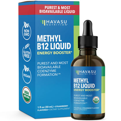 Gouttes liquides de vitamine B12 bio HAVASU NUTRITION devant un fond neutre