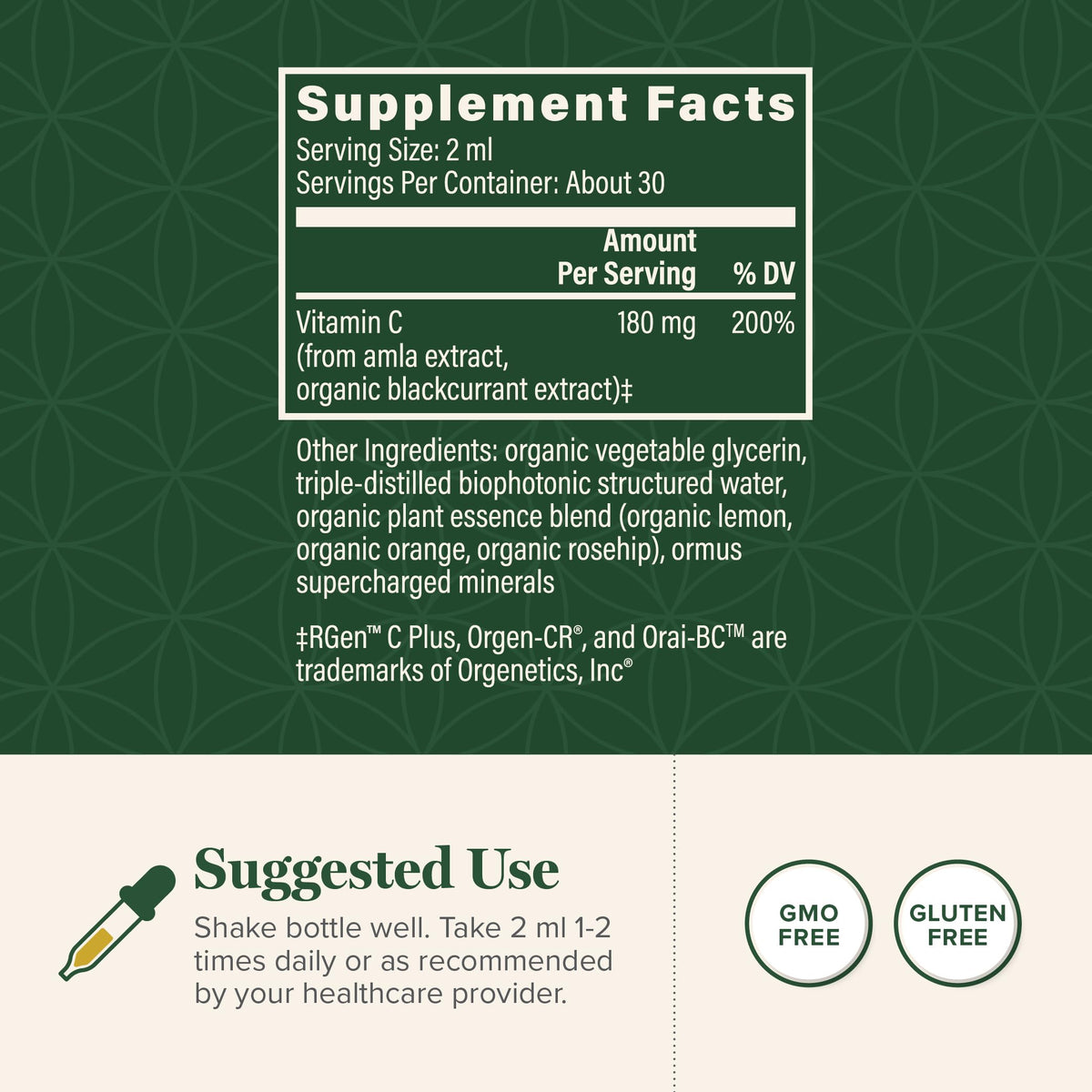 Gouttes liquides de vitamine C biologique Global Healing Center 180mg, étiquette et dosage