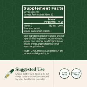 Gouttes liquides de vitamine C biologique Global Healing Center 180mg, étiquette et dosage