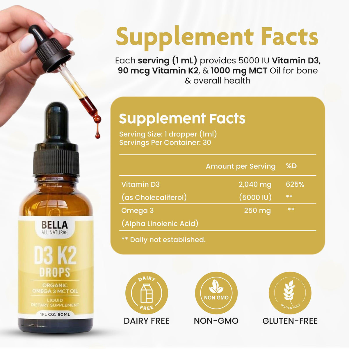 Gouttes liquides de Vitamine D3 K2 Bella All Natural avec pipette