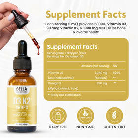 Gouttes liquides de Vitamine D3 K2 Bella All Natural avec pipette