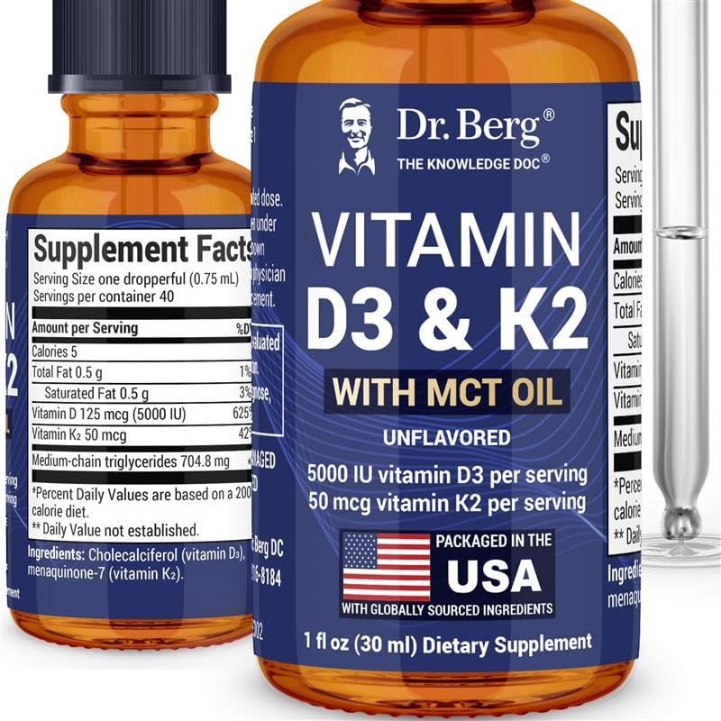 Gouttes liquides de Vitamine D3 K2 Dr. Berg 5000 IU - vue de face